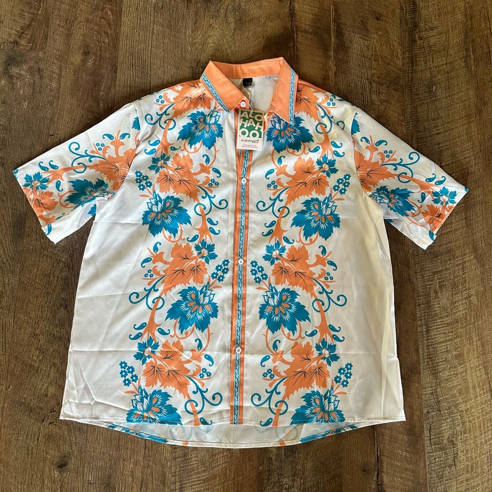 Men's AlohaHoo Floral Button-Down Shirt Size L White/Orange